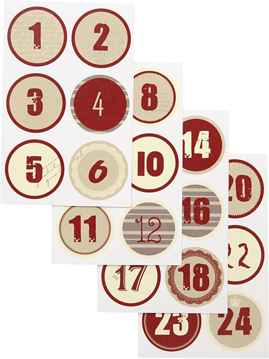 Kerstkalender cijfer stickers, d: 4 cm, vel 9x14 cm, 4div vellen [HOB-28507]